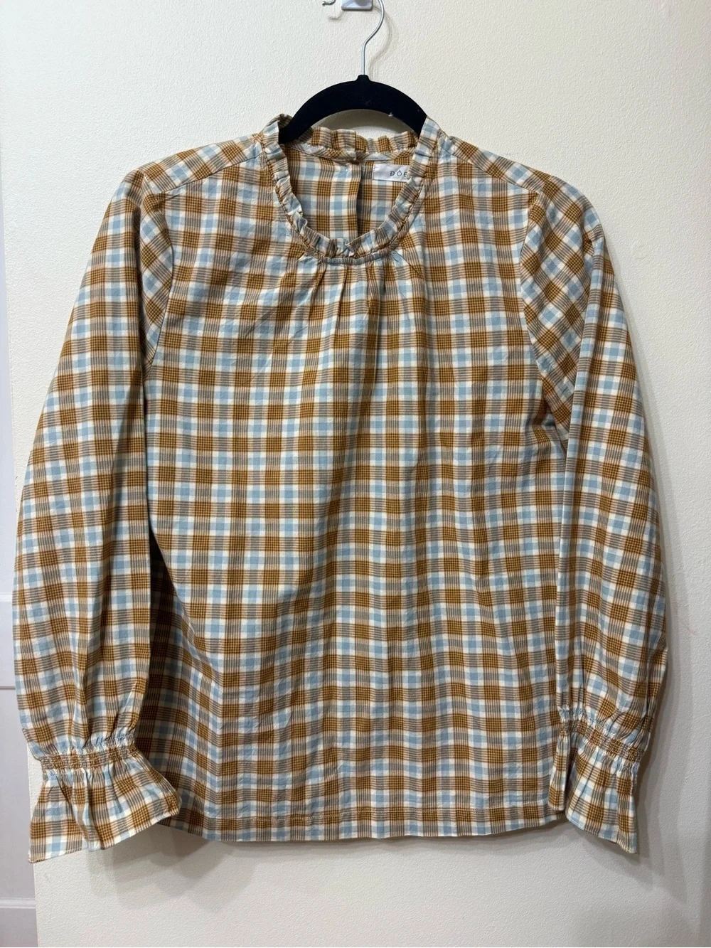 DOEN S Plaid Ruffle Neck Blouse Back Buttons Gathered Sleeves Whimsical Prairie